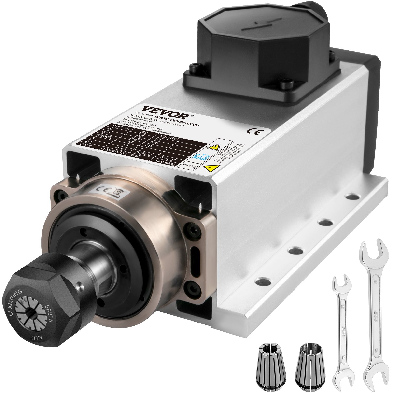 VEVOR Luftkjølt Spindelmotor 2,2KW CNC Spindelmotor 220V Firkantet Luftkjølt Spindelmotor ER20 Spenntang 24000 RPM CNC Spindel 6A Spindelmotor 400 Hz for CNC Ruter Graveringsfresemaskin