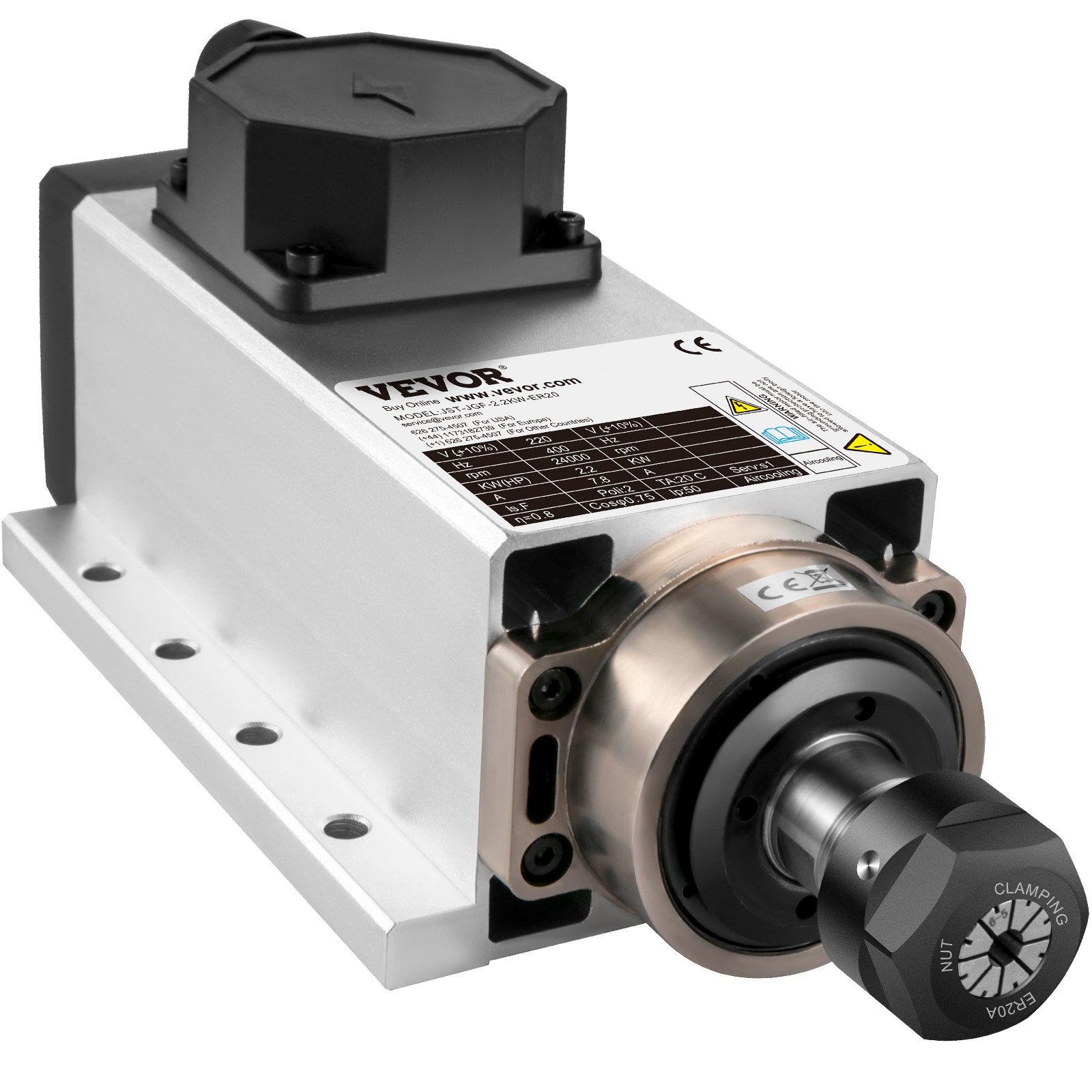 VEVOR Luftkjølt Spindelmotor 2,2KW CNC Spindelmotor 220V Firkantet Luftkjølt Spindelmotor ER20 Spenntang 24000 RPM CNC Spindel 6A Spindelmotor 400 Hz for CNC Ruter Graveringsfresemaskin