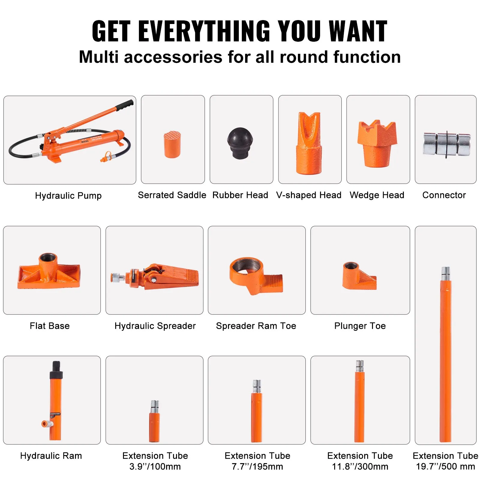 VEVOR porta power kit with multiple accessories including hydraulic pump, spreader, and extension tubes.