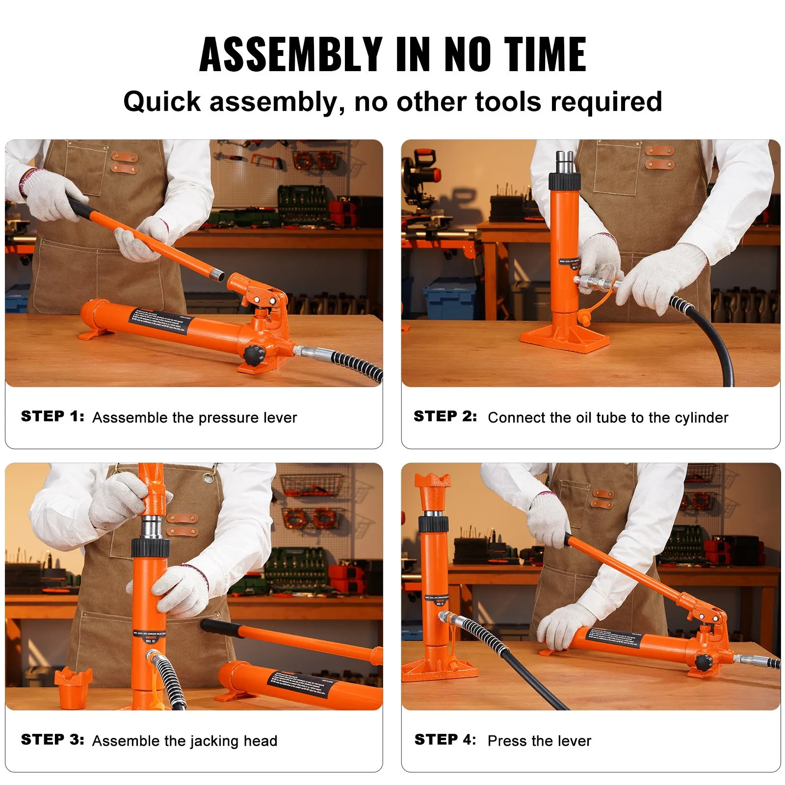 VEVOR porta power kit step-by-step assembly guide with pressure lever, oil tube, cylinder, and jacking head.