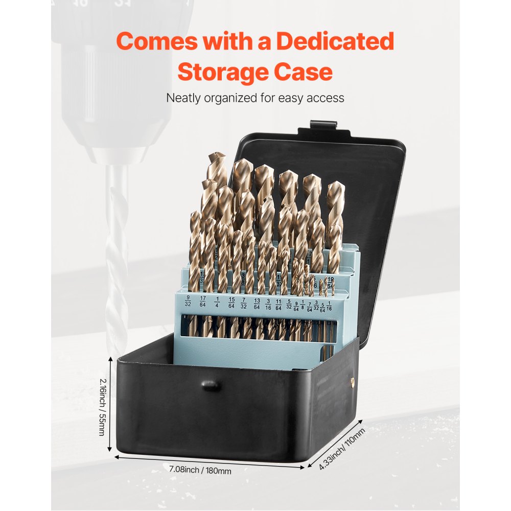 VEVOR Cobalt Drill Bit Set, 29 Pcs, M35 High Speed Steel Cobalt Drill Bits with Storage Case, for Drilling Metal, Stainless Steel, Aluminum Alloy, Wood, Plastic, for Professional Work and Home DIY