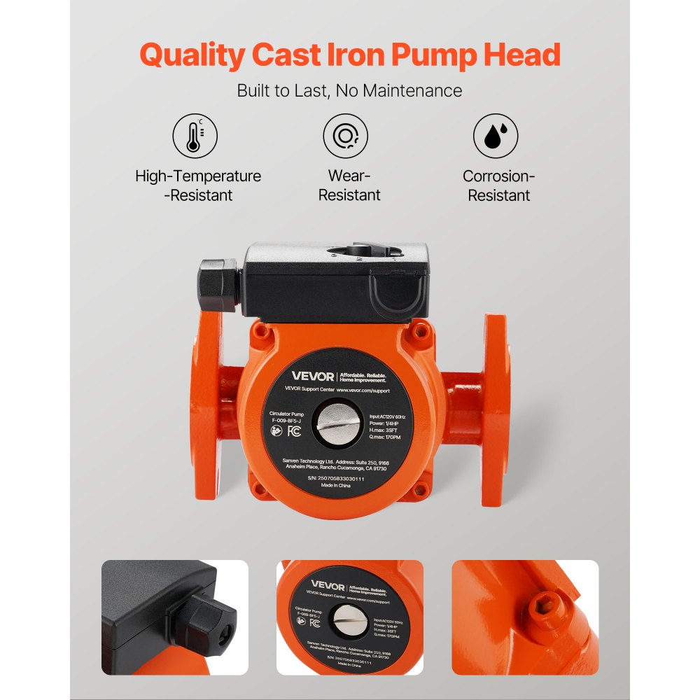 VEVOR F-009-BF5-J Cast Iron Circulator Pump, 17 GPM, AC 120V 35 ft Hot Water Recirculating Circulation Pump, 3/4-Inch Flange Connection, 3-Speed Adjustment, Quiet Operation, for Home Heating System