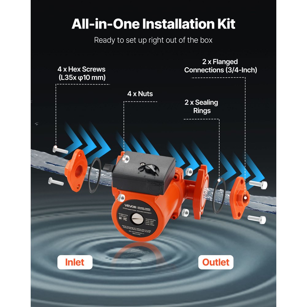 VEVOR F-009-BF5-J Cast Iron Circulator Pump, 17 GPM, AC 120V 35 ft Hot Water Recirculating Circulation Pump, 3/4-Inch Flange Connection, 3-Speed Adjustment, Quiet Operation, for Home Heating System