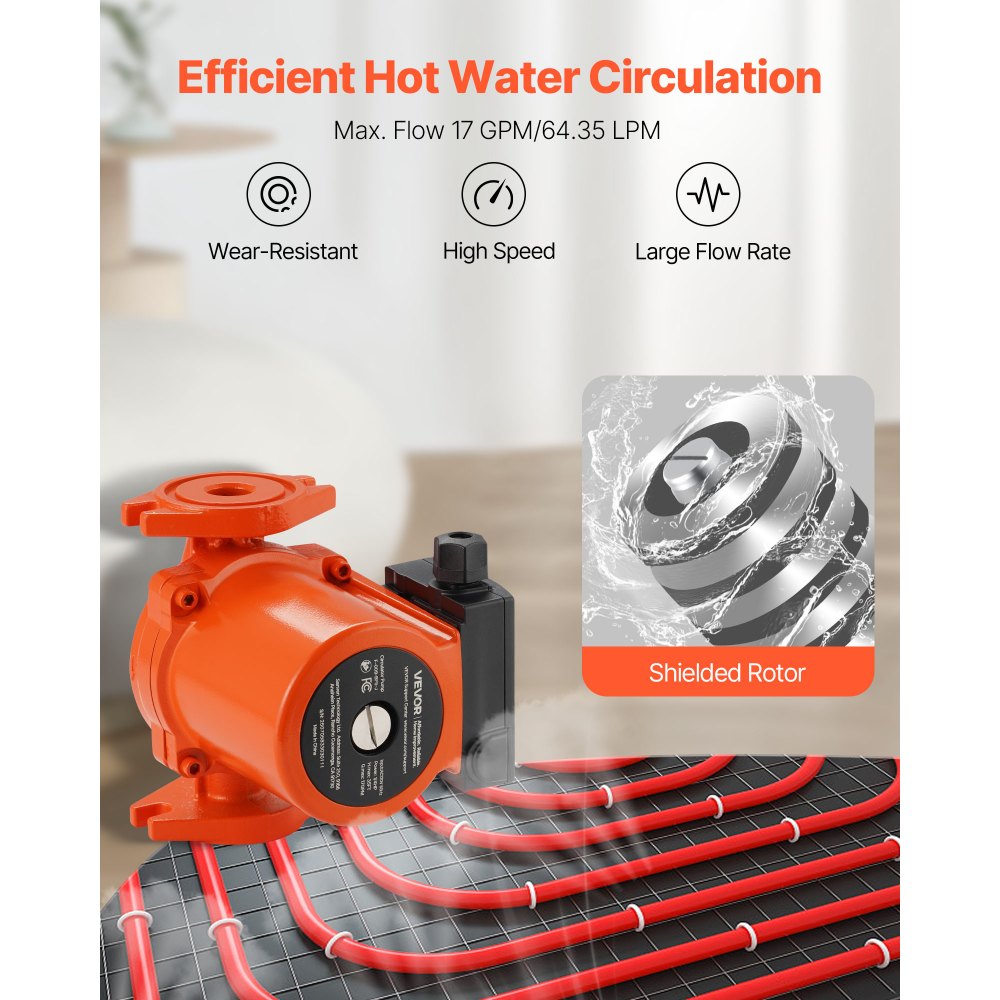 VEVOR F-009-BF5-J Cast Iron Circulator Pump, 17 GPM, AC 120V 35 ft Hot Water Recirculating Circulation Pump, 3/4-Inch Flange Connection, 3-Speed Adjustment, Quiet Operation, for Home Heating System