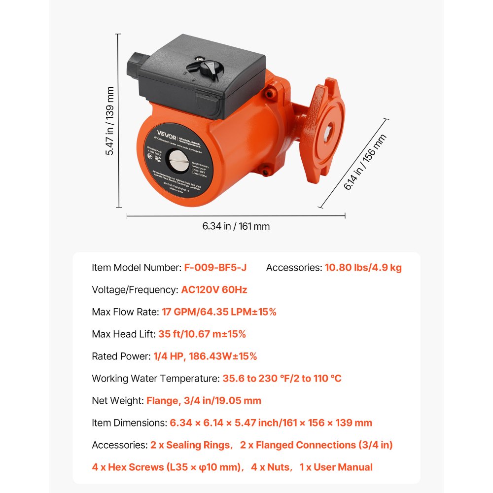 VEVOR F-009-BF5-J Cast Iron Circulator Pump, 17 GPM, AC 120V 35 ft Hot Water Recirculating Circulation Pump, 3/4-Inch Flange Connection, 3-Speed Adjustment, Quiet Operation, for Home Heating System