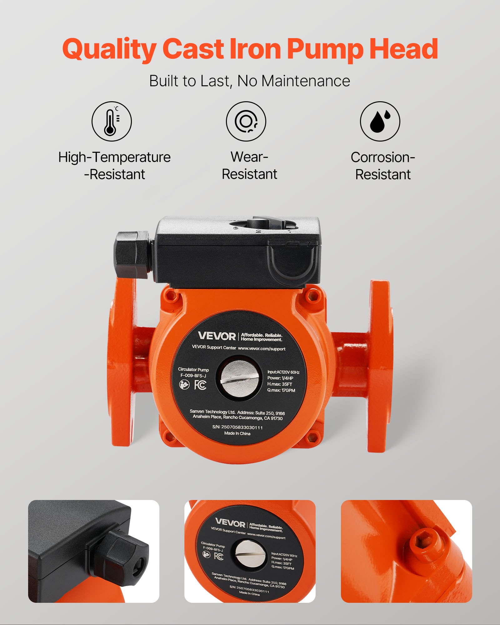 VEVOR F-009-BF5-J Cast Iron Circulator Pump, 17 GPM, AC 120V 35 ft Hot Water Recirculating Circulation Pump, 3/4-Inch Flange Connection, 3-Speed Adjustment, Quiet Operation, for Home Heating System