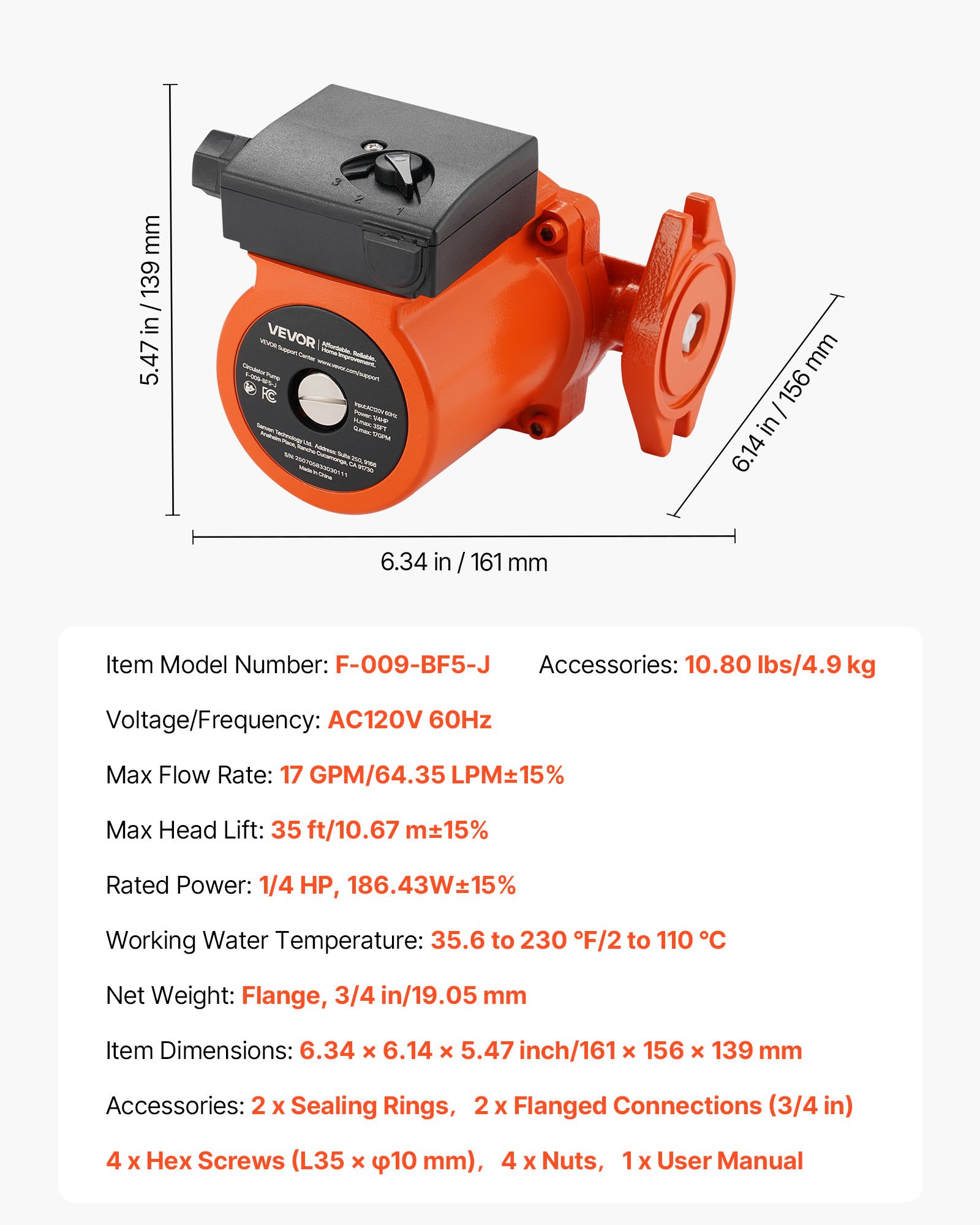 VEVOR F-009-BF5-J Cast Iron Circulator Pump, 17 GPM, AC 120V 35 ft Hot Water Recirculating Circulation Pump, 3/4-Inch Flange Connection, 3-Speed Adjustment, Quiet Operation, for Home Heating System