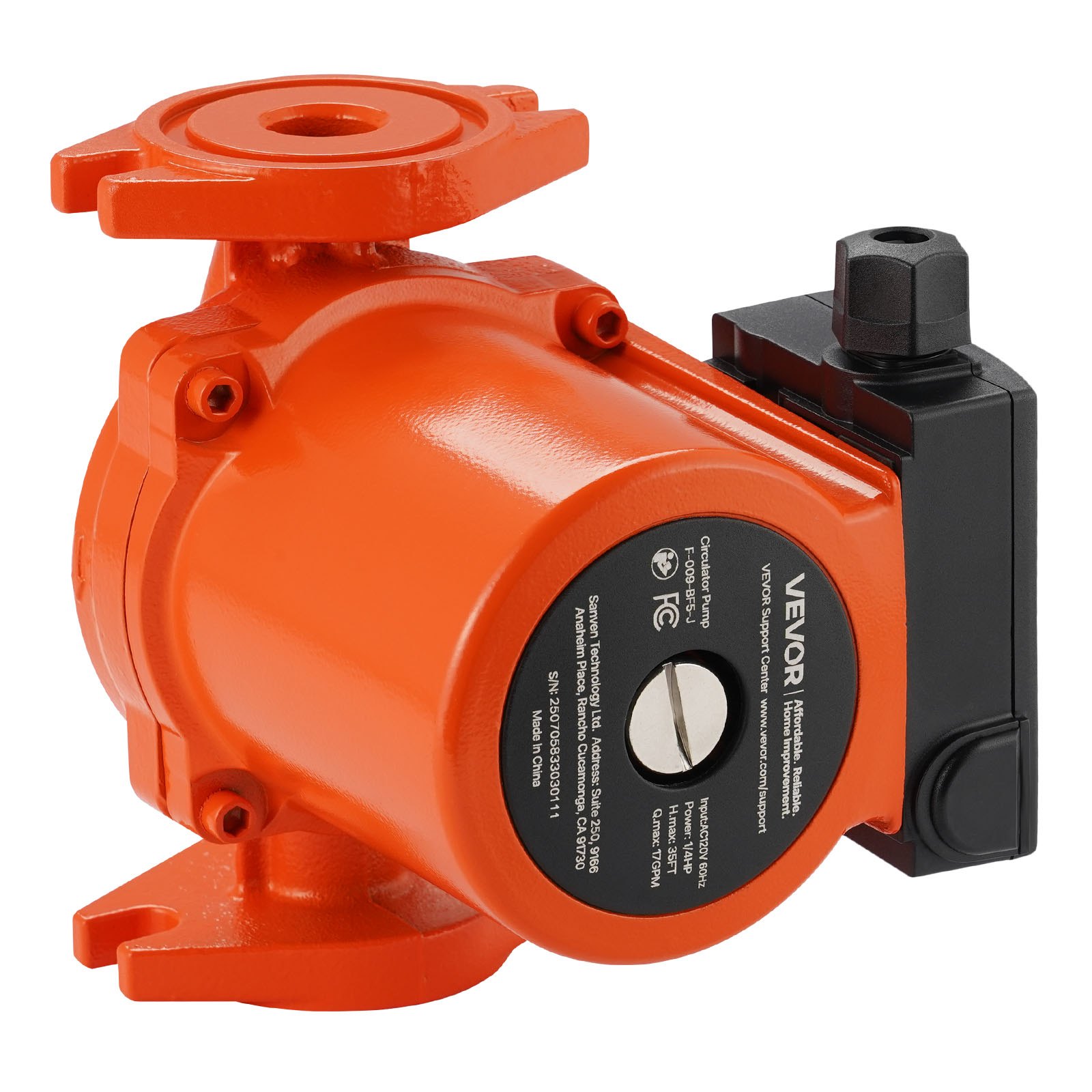VEVOR F-009-BF5-J Cast Iron Circulator Pump, 17 GPM, AC 120V 35 ft Hot Water Recirculating Circulation Pump, 3/4-Inch Flange Connection, 3-Speed Adjustment, Quiet Operation, for Home Heating System