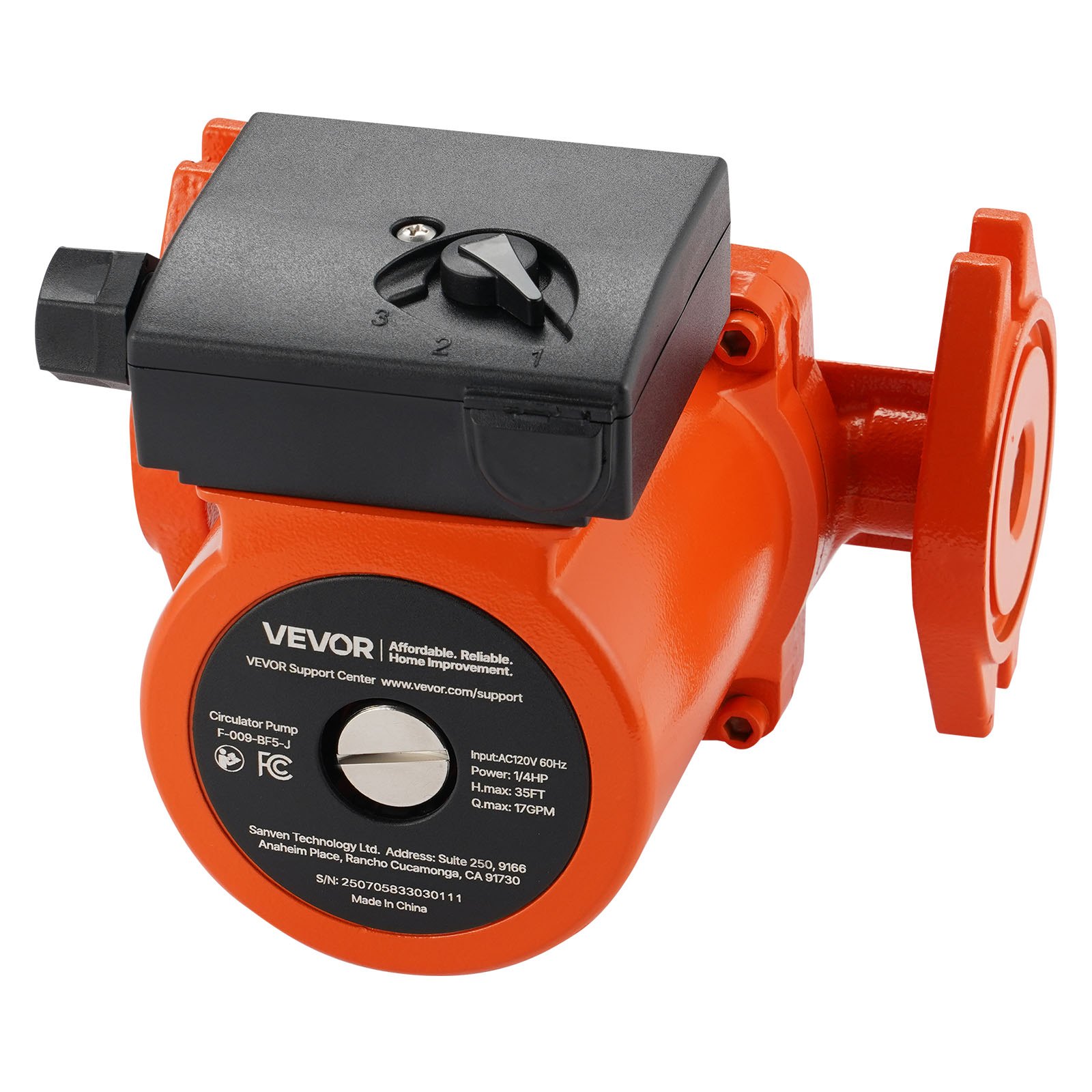 VEVOR F-009-BF5-J Cast Iron Circulator Pump, 17 GPM, AC 120V 35 ft Hot Water Recirculating Circulation Pump, 3/4-Inch Flange Connection, 3-Speed Adjustment, Quiet Operation, for Home Heating System