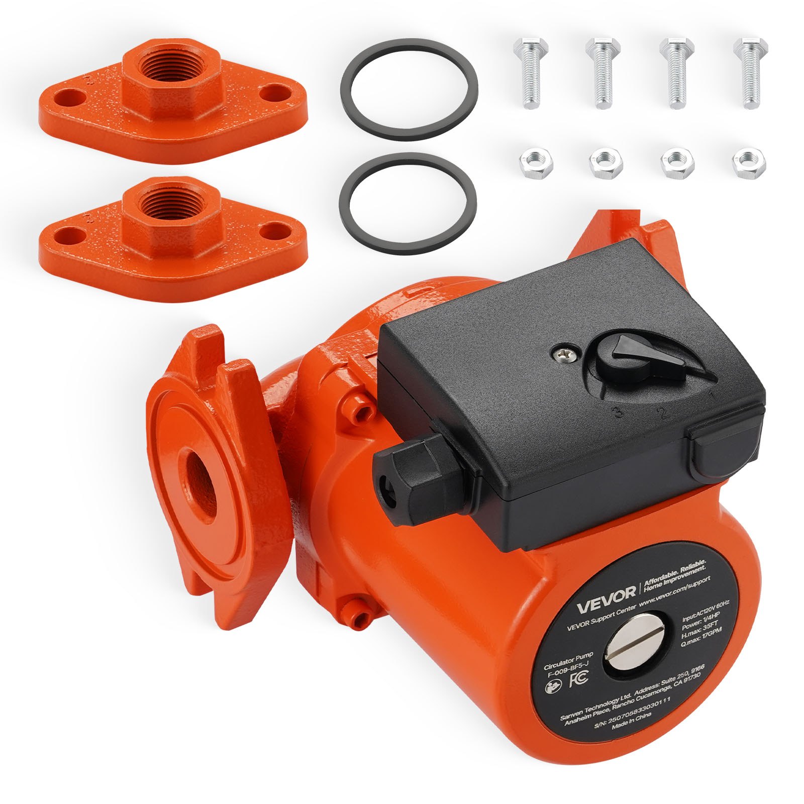 VEVOR F-009-BF5-J Cast Iron Circulator Pump, 17 GPM, AC 120V 35 ft Hot Water Recirculating Circulation Pump, 3/4-Inch Flange Connection, 3-Speed Adjustment, Quiet Operation, for Home Heating System