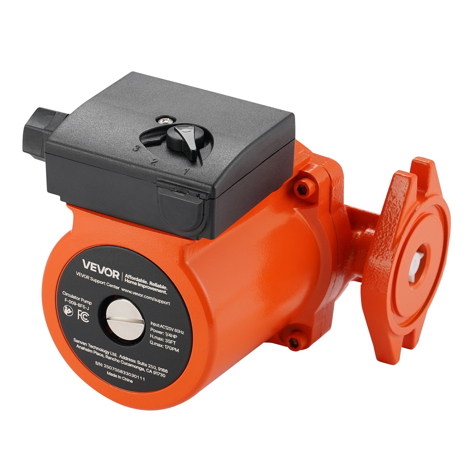 VEVOR F-009-BF5-J Cast Iron Circulator Pump, 17 GPM, AC 120V 35 ft Hot Water Recirculating Circulation Pump, 3/4-Inch Flange Connection, 3-Speed Adjustment, Quiet Operation, for Home Heating System