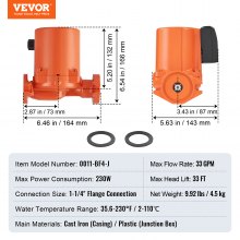 Bomba de circulación de agua caliente VEVOR 0011-BF4-J 110 V 230 W 33 GPM Bomba de recirculación