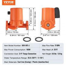 Bomba de circulación de agua caliente VEVOR 009-BF5-J, 110 V, 180 W, 17 GPM, bomba de recirculación