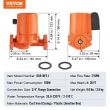 VEVOR 009-BF5-J Hot Water Circulation Pump 110V 180W 17 GPM Recirculating Pump