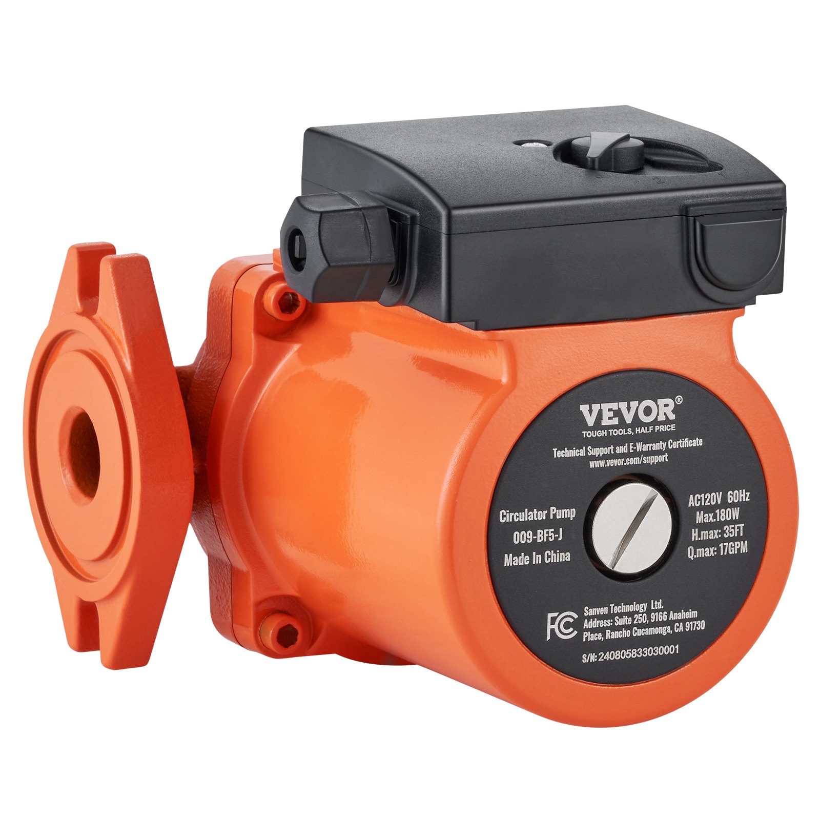 VEVOR 009-BF5-J Hot Water Recirculating Pump, 110V, 180W 10 GPM Hot Water Circulation Pump, 3/4" NPT Flange 3-Speed Circulator Pump, Quiet Operation Circulator Pump for Home Water Heater System