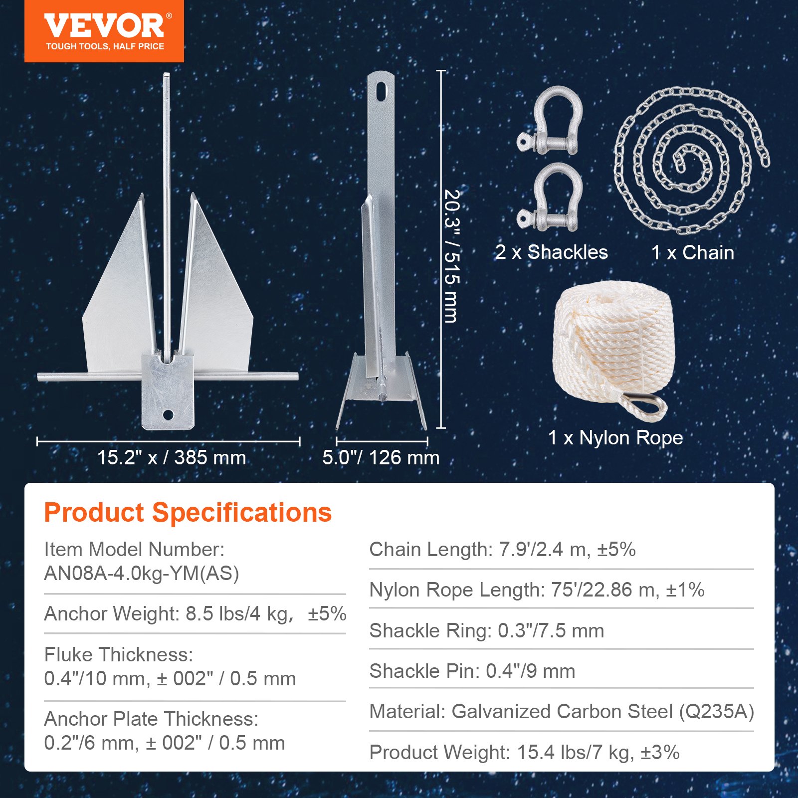 VEVOR Fluke Style Anchor Kit, 8.5 LBS Hot-Dipped Galvanized Steel Fluke Anchor with 7.9' Chain, 75' Rope and Two 0.4" Shackles, Marine Boat Anchor for Small Vessels Under 18', Seas, Rivers and Shores