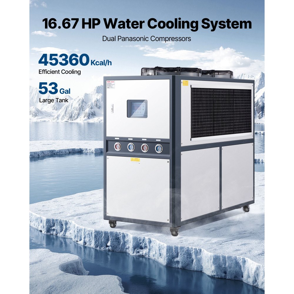 VEVOR Air-Cooled Water Chiller, 16.67 HP, Industrial Water Chiller with 45,360 Kcal/h Cooling Capacity, Dual Compressor, 53 Gal Large Tank, LED Display, Cooler for Cooling Water, Not Air Conditioner