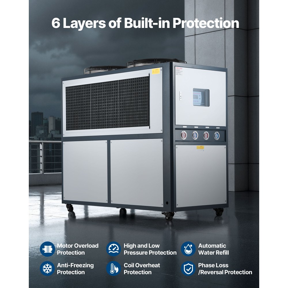 VEVOR Air-Cooled Water Chiller, 16.67 HP, Industrial Water Chiller with 45,360 Kcal/h Cooling Capacity, Dual Compressor, 53 Gal Large Tank, LED Display, Cooler for Cooling Water, Not Air Conditioner