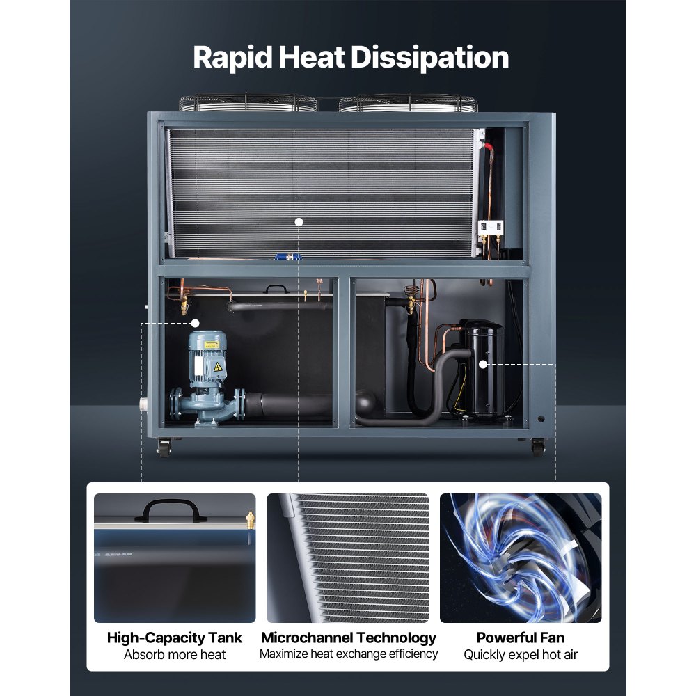 VEVOR Air-Cooled Water Chiller, 16.67 HP, Industrial Water Chiller with 45,360 Kcal/h Cooling Capacity, Dual Compressor, 53 Gal Large Tank, LED Display, Cooler for Cooling Water, Not Air Conditioner