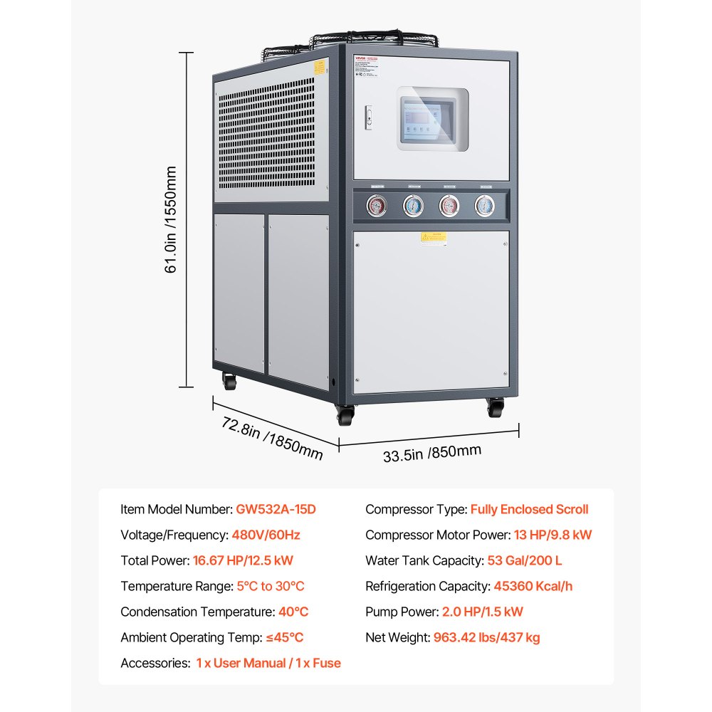 VEVOR Air-Cooled Water Chiller, 16.67 HP, Industrial Water Chiller with 45,360 Kcal/h Cooling Capacity, Dual Compressor, 53 Gal Large Tank, LED Display, Cooler for Cooling Water, Not Air Conditioner