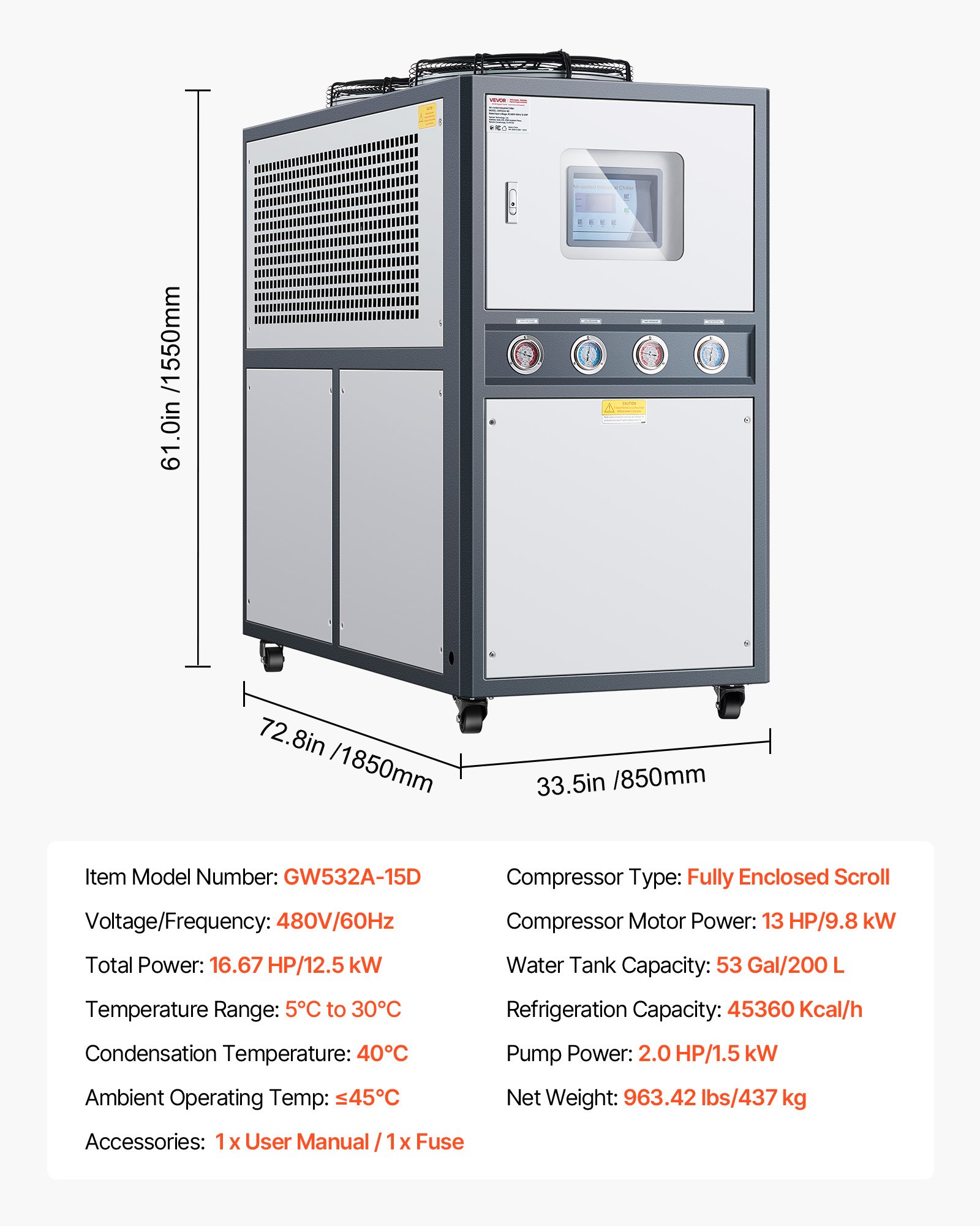 VEVOR Air-Cooled Water Chiller, 16.67 HP, Industrial Water Chiller with 45,360 Kcal/h Cooling Capacity, Dual Compressor, 53 Gal Large Tank, LED Display, Cooler for Cooling Water, Not Air Conditioner