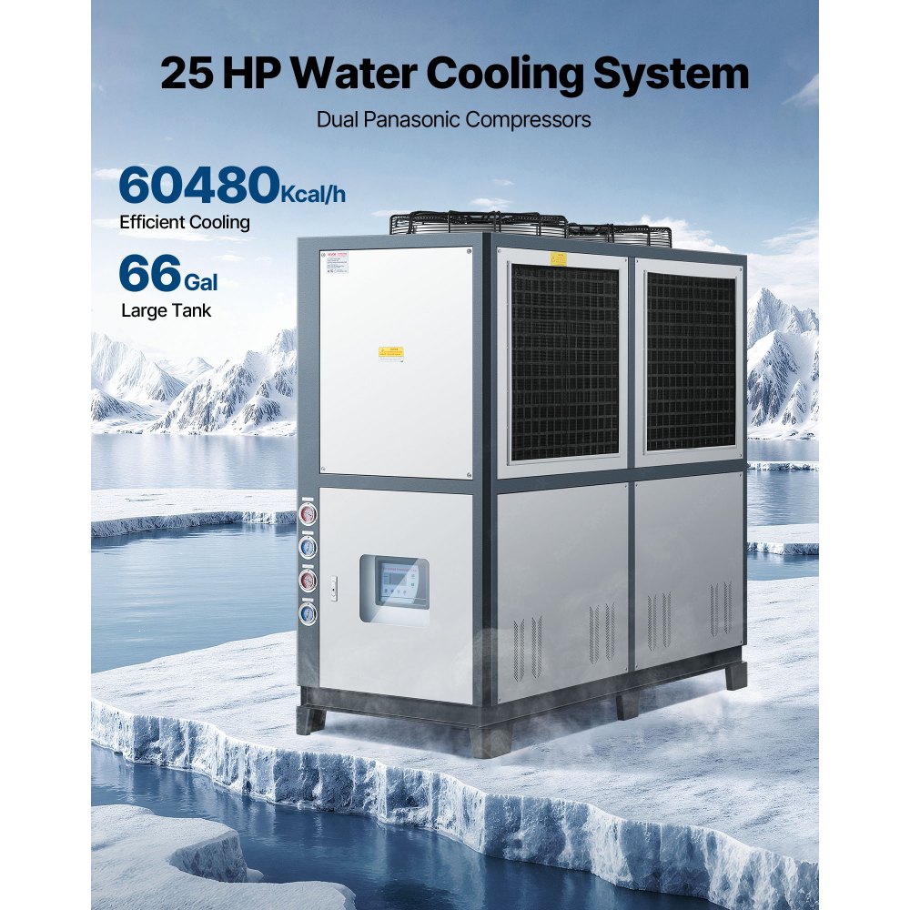 VEVOR Air-Cooled Water Chiller, 25 HP, Industrial Water Chiller with 60,480 Kcal/h Cooling Capacity, Dual Compressor, 53 Gal Large Tank, LED Display, Cooler for Cooling Water, Not Air Conditioner