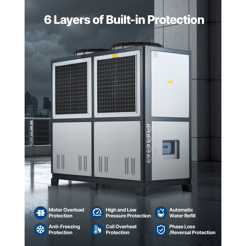 VEVOR Air-Cooled Water Chiller, 25 HP, Industrial Water Chiller with 60,480 Kcal/h Cooling Capacity, Dual Compressor, 53 Gal Large Tank, LED Display, Cooler for Cooling Water, Not Air Conditioner