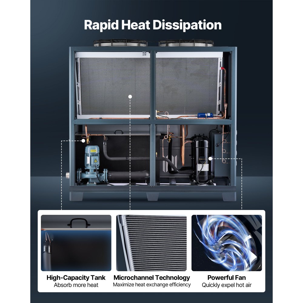 VEVOR Air-Cooled Water Chiller, 25 HP, Industrial Water Chiller with 60,480 Kcal/h Cooling Capacity, Dual Compressor, 53 Gal Large Tank, LED Display, Cooler for Cooling Water, Not Air Conditioner