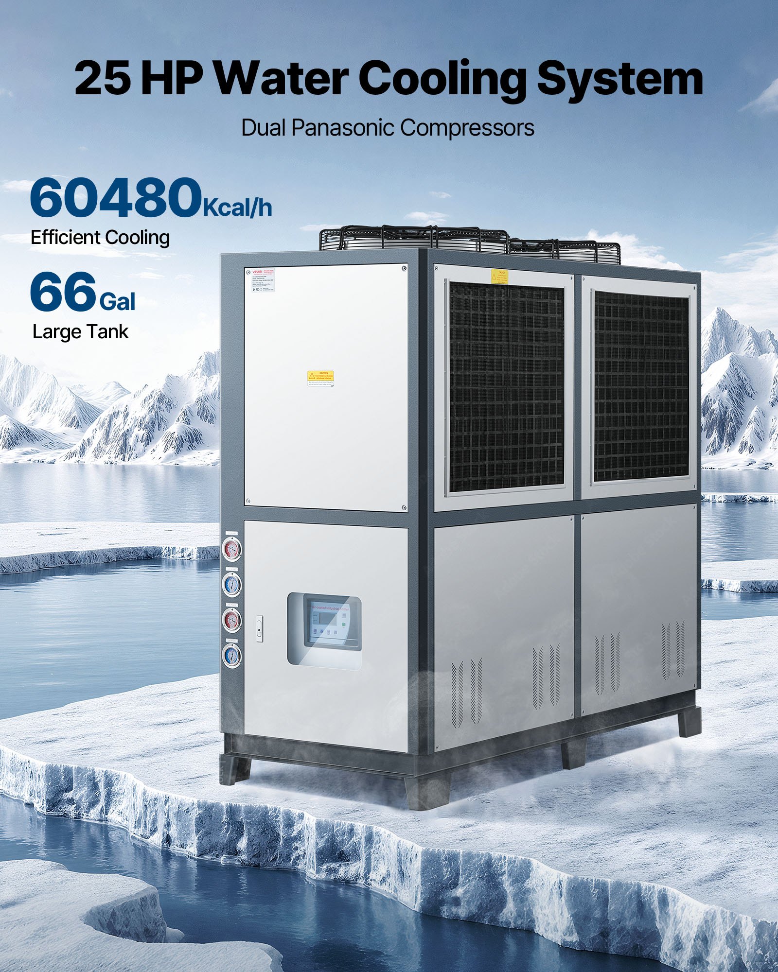 VEVOR Air-Cooled Water Chiller, 25 HP, Industrial Water Chiller with 60,480 Kcal/h Cooling Capacity, Dual Compressor, 53 Gal Large Tank, LED Display, Cooler for Cooling Water, Not Air Conditioner
