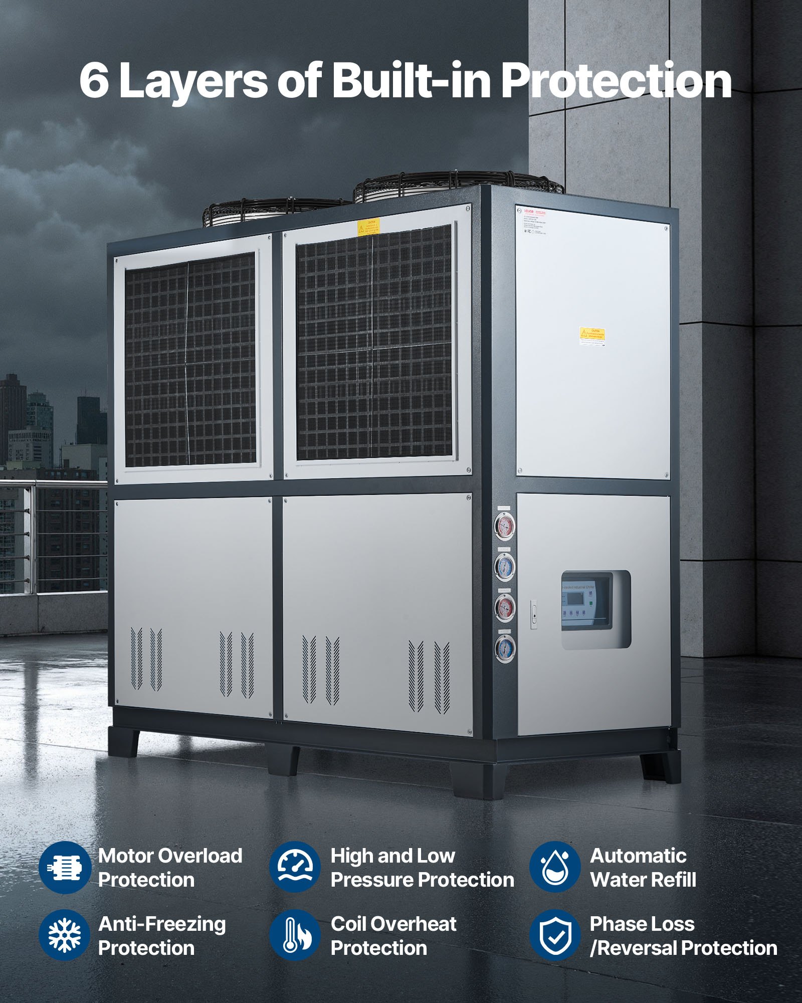 VEVOR Air-Cooled Water Chiller, 25 HP, Industrial Water Chiller with 60,480 Kcal/h Cooling Capacity, Dual Compressor, 53 Gal Large Tank, LED Display, Cooler for Cooling Water, Not Air Conditioner