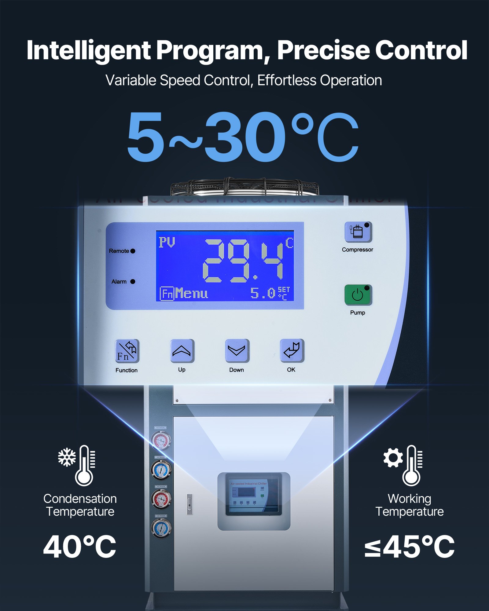 VEVOR Air-Cooled Water Chiller, 25 HP, Industrial Water Chiller with 60,480 Kcal/h Cooling Capacity, Dual Compressor, 53 Gal Large Tank, LED Display, Cooler for Cooling Water, Not Air Conditioner