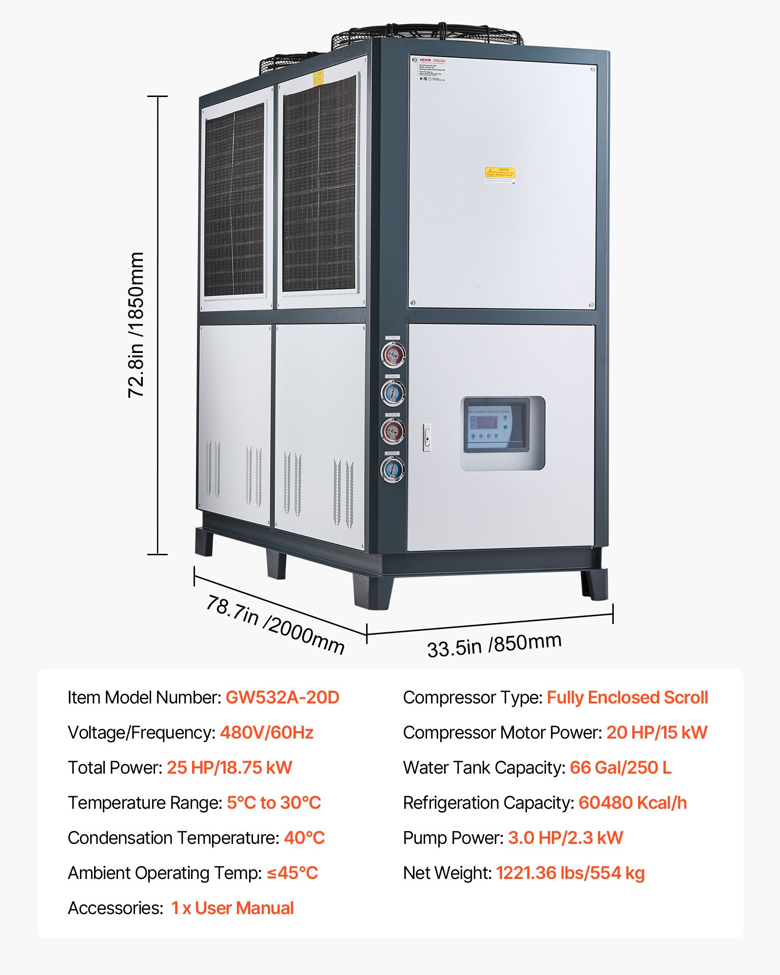 VEVOR Air-Cooled Water Chiller, 25 HP, Industrial Water Chiller with 60,480 Kcal/h Cooling Capacity, Dual Compressor, 53 Gal Large Tank, LED Display, Cooler for Cooling Water, Not Air Conditioner