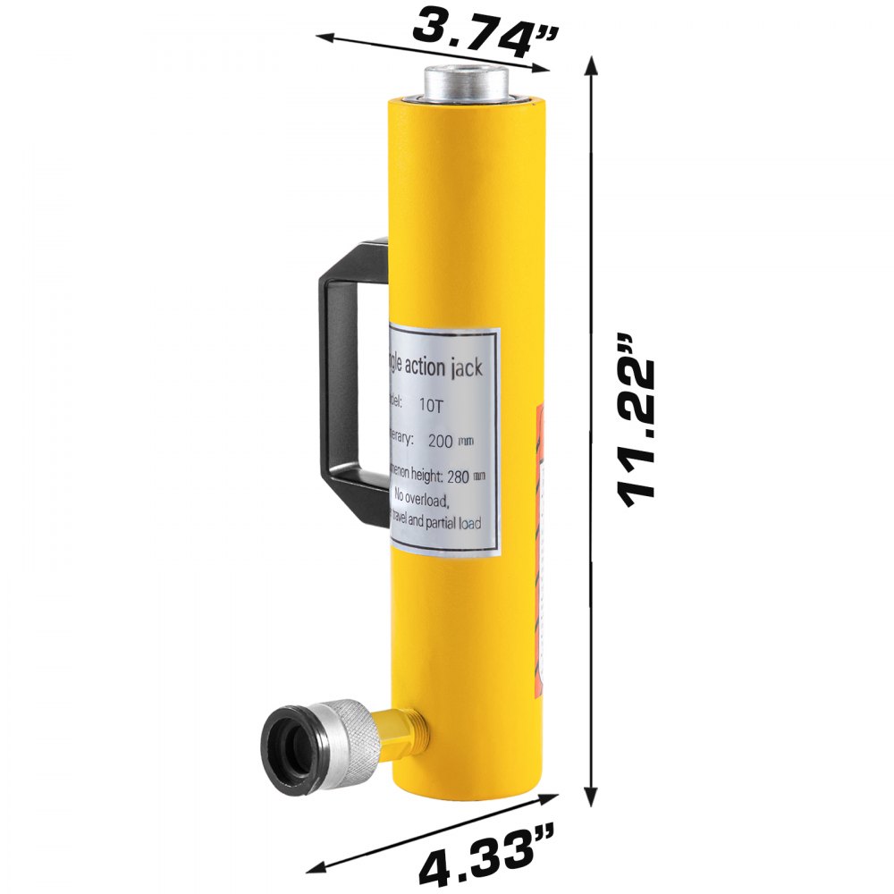 Gato de cilindro hidráulico VEVOR de 10 toneladas, Cilindro hidráulico de cilindro sólido de 8 pulgadas/200 mm, Carrera Cilindro hidráulico de efecto simple, con conector rápido Gato hidráulico sólido portátil Gato de elevación industrial