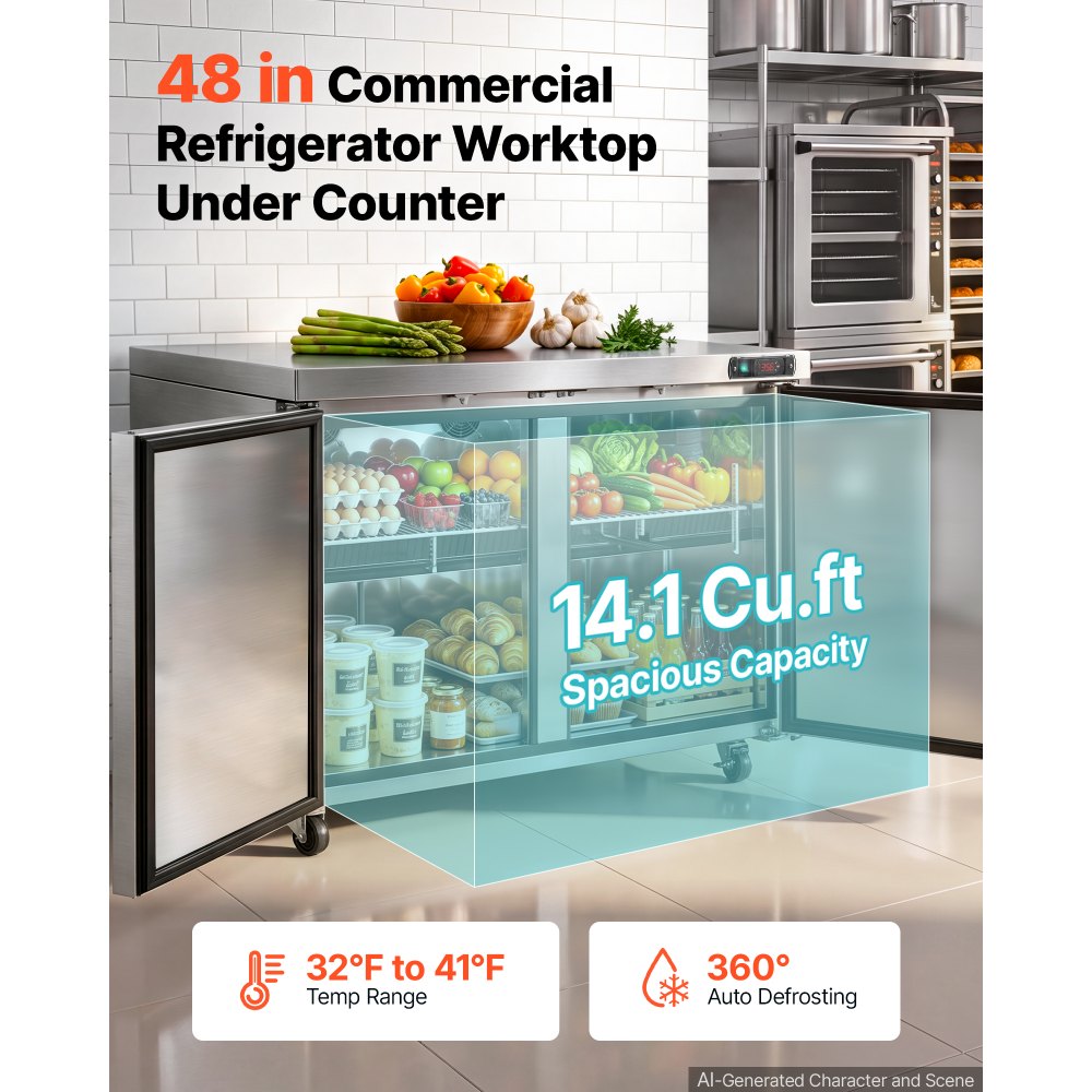 VEVOR 48"W Commercial Refrigerator 14.1 Cu.Ft Undercounter Worktop Mobile, Double-Door Food Prep Fridge with Lock, Interior Light, Heavyload Top, Stainless Steel Refrigerated Table for Diner, Bar