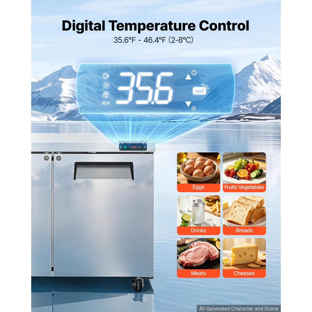 VEVOR 48"W Commercial Refrigerator 14.1 Cu.Ft Undercounter Worktop Mobile, Double-Door Food Prep Fridge with Lock, Interior Light, Heavyload Top, Stainless Steel Refrigerated Table for Diner, Bar