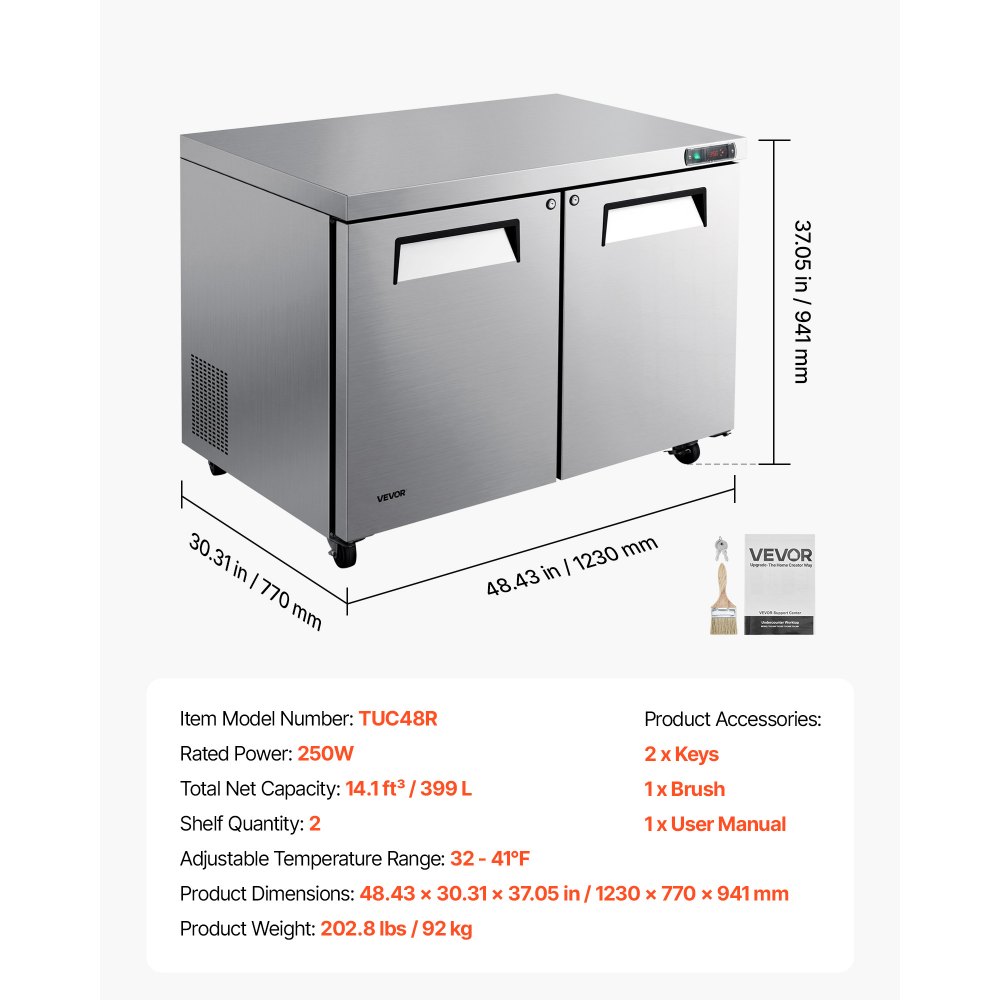 VEVOR 48"W Commercial Refrigerator 14.1 Cu.Ft Undercounter Worktop Mobile, Double-Door Food Prep Fridge with Lock, Interior Light, Heavyload Top, Stainless Steel Refrigerated Table for Diner, Bar