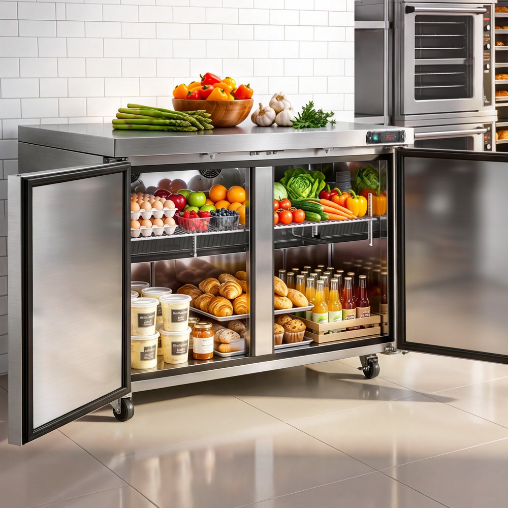 VEVOR 48"W Commercial Refrigerator 14.1 Cu.Ft Undercounter Worktop Mobile, Double-Door Food Prep Fridge with Lock, Interior Light, Heavyload Top, Stainless Steel Refrigerated Table for Diner, Bar
