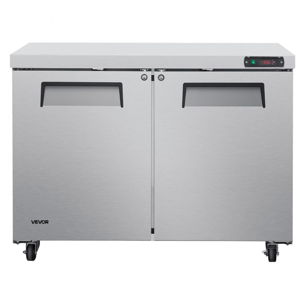 VEVOR 48"W Commercial Refrigerator 14.1 Cu.Ft Undercounter Worktop Mobile, Double-Door Food Prep Fridge with Lock, Interior Light, Heavyload Top, Stainless Steel Refrigerated Table for Diner, Bar