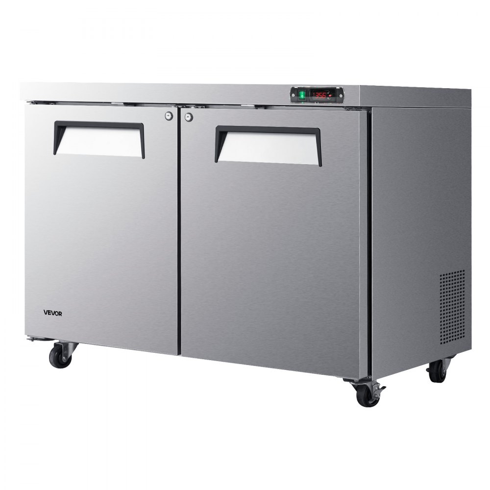 VEVOR 48"W Commercial Refrigerator 14.1 Cu.Ft Undercounter Worktop Mobile, Double-Door Food Prep Fridge with Lock, Interior Light, Heavyload Top, Stainless Steel Refrigerated Table for Diner, Bar