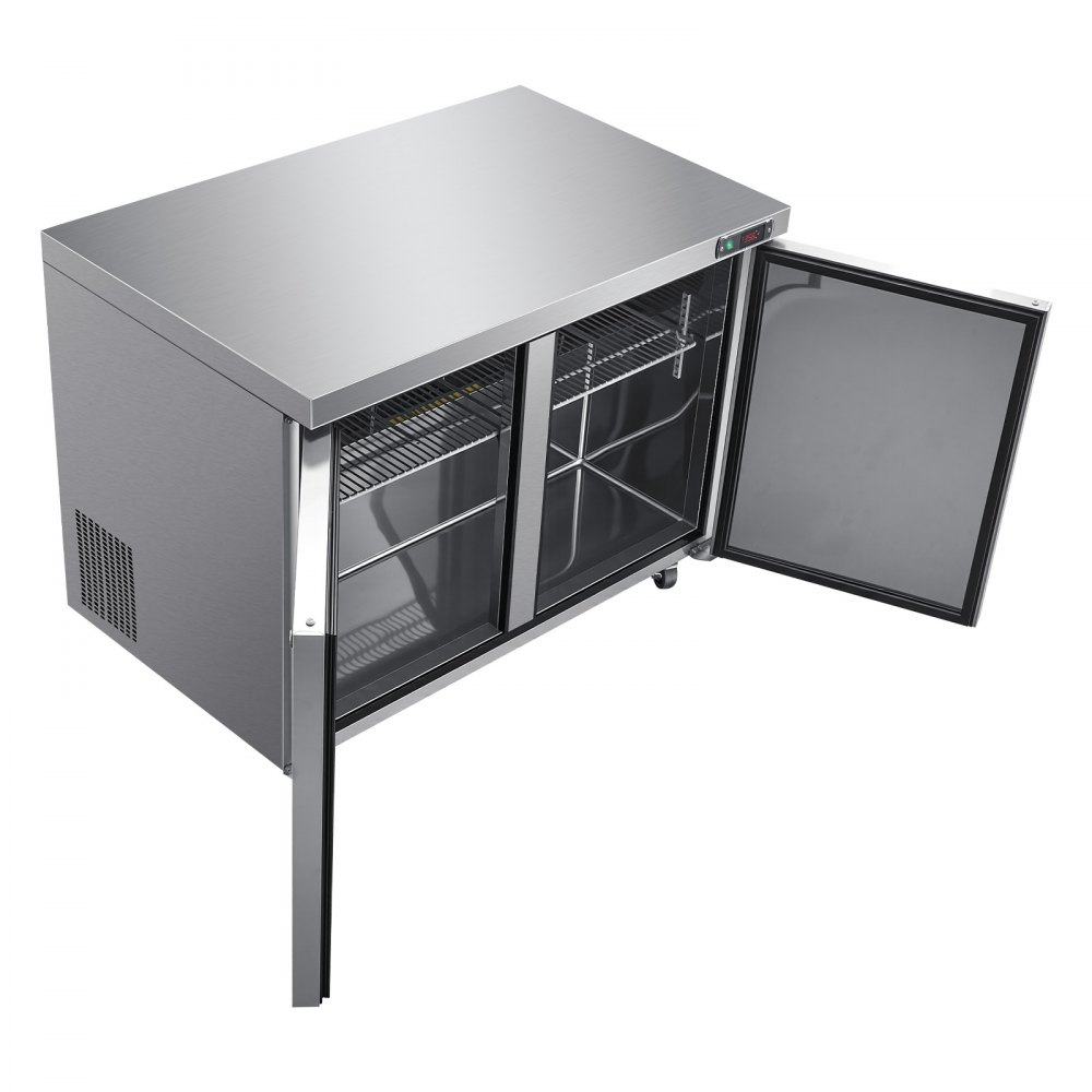 VEVOR 48"W Commercial Refrigerator 14.1 Cu.Ft Undercounter Worktop Mobile, Double-Door Food Prep Fridge with Lock, Interior Light, Heavyload Top, Stainless Steel Refrigerated Table for Diner, Bar