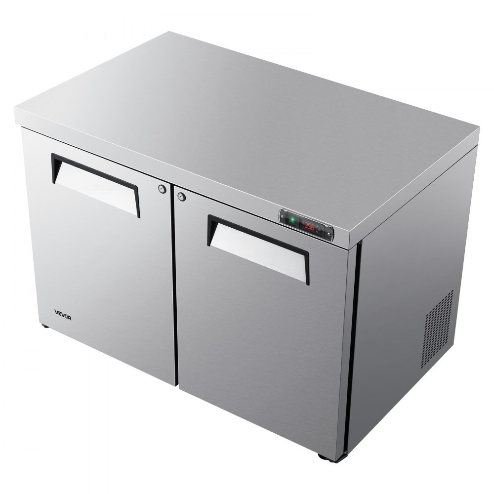 VEVOR 48"W Commercial Refrigerator 14.1 Cu.Ft Undercounter Worktop Mobile, Double-Door Food Prep Fridge with Lock, Interior Light, Heavyload Top, Stainless Steel Refrigerated Table for Diner, Bar