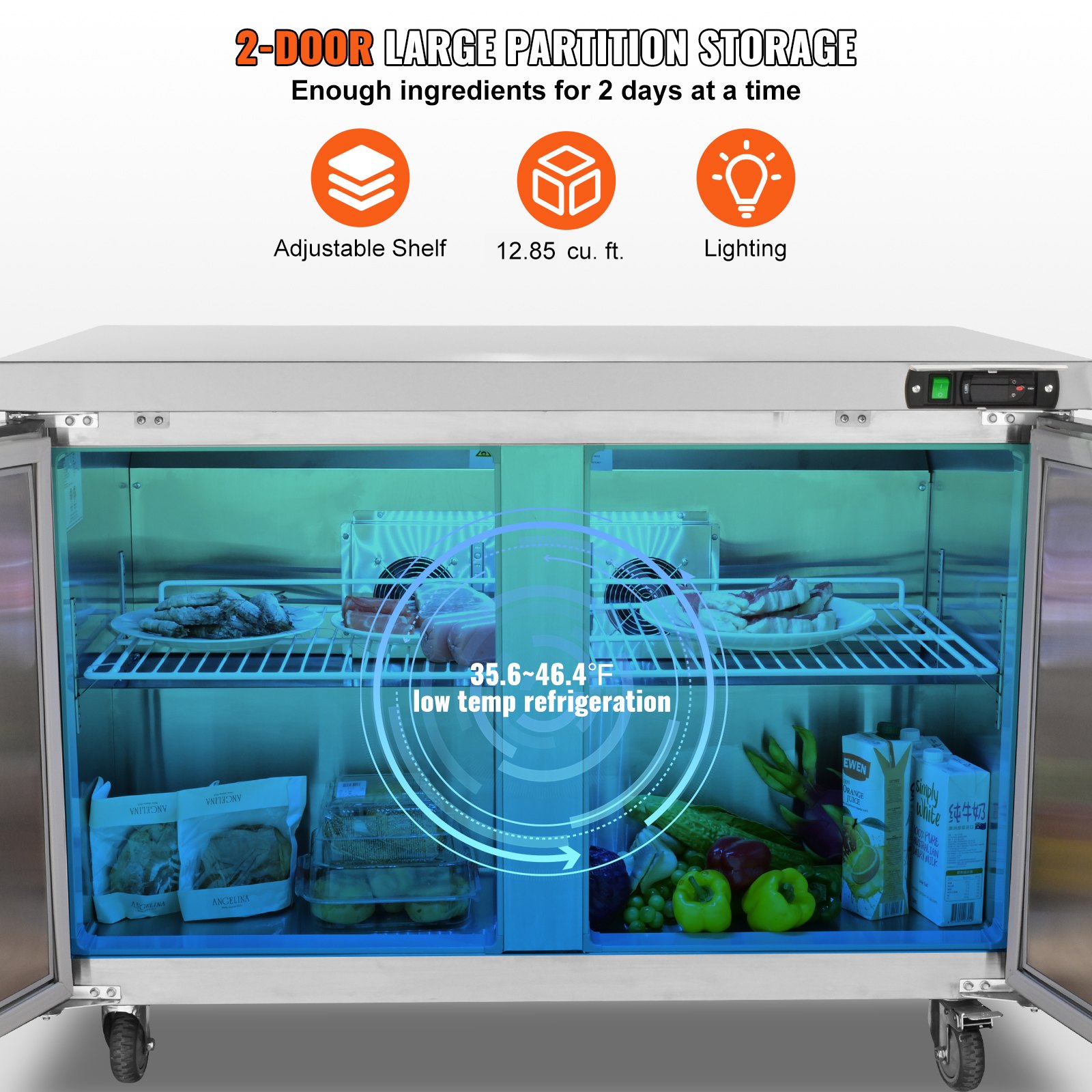 Commercial Refrigerator, 48" Worktop Undercounter Refrigerator, 12.85 Cu. Ft Thick Stainless Steel Refrigerated Food Prep Station, 2 Door Worktop Fridge with lock for Restaurant, Bar, Diner Commercial Refrigerator, 48" Worktop Undercounter Refrigerator, 12.85 Cu. Ft Thick Stainless Steel Refrigerated Food Prep Station, 2 Door Worktop Fridge with lock for Restaurant, Bar, Diner