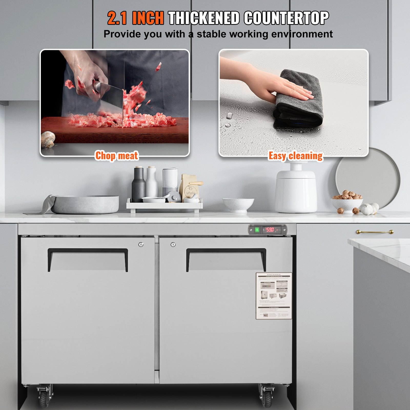 Commercial Refrigerator, 48" Worktop Undercounter Refrigerator, 12.85 Cu. Ft Thick Stainless Steel Refrigerated Food Prep Station, 2 Door Worktop Fridge with lock for Restaurant, Bar, Diner Commercial Refrigerator, 48" Worktop Undercounter Refrigerator, 12.85 Cu. Ft Thick Stainless Steel Refrigerated Food Prep Station, 2 Door Worktop Fridge with lock for Restaurant, Bar, Diner