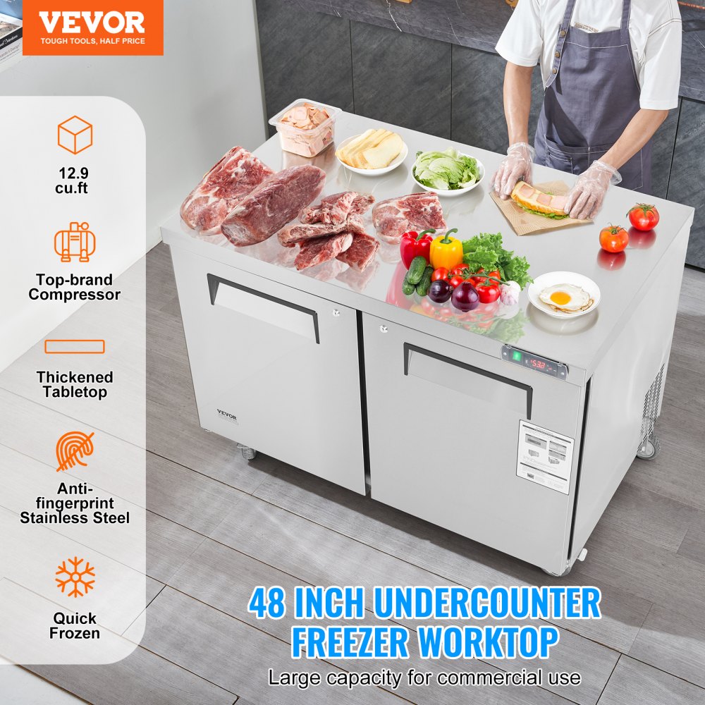 VEVOR 48" Commercial Frozen Refrigerator Sandwich & Salad Prep Table, 12.9 Cu. Ft Stainless Steel Refrigerated Food Prep Station with 2 Doors, Frost Free Refrigerator with Lock for Restaurant, Bar