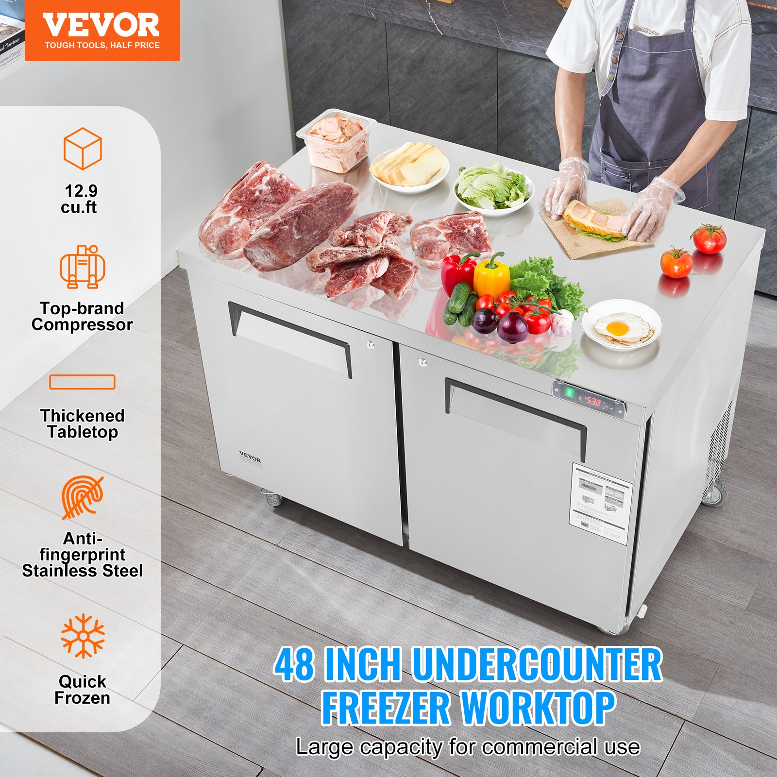 VEVOR 48" Commercial Frozen Refrigerator Sandwich & Salad Prep Table, 12.9 Cu. Ft Stainless Steel Refrigerated Food Prep Station with 2 Doors, Frost Free Refrigerator with Lock for Restaurant, Bar