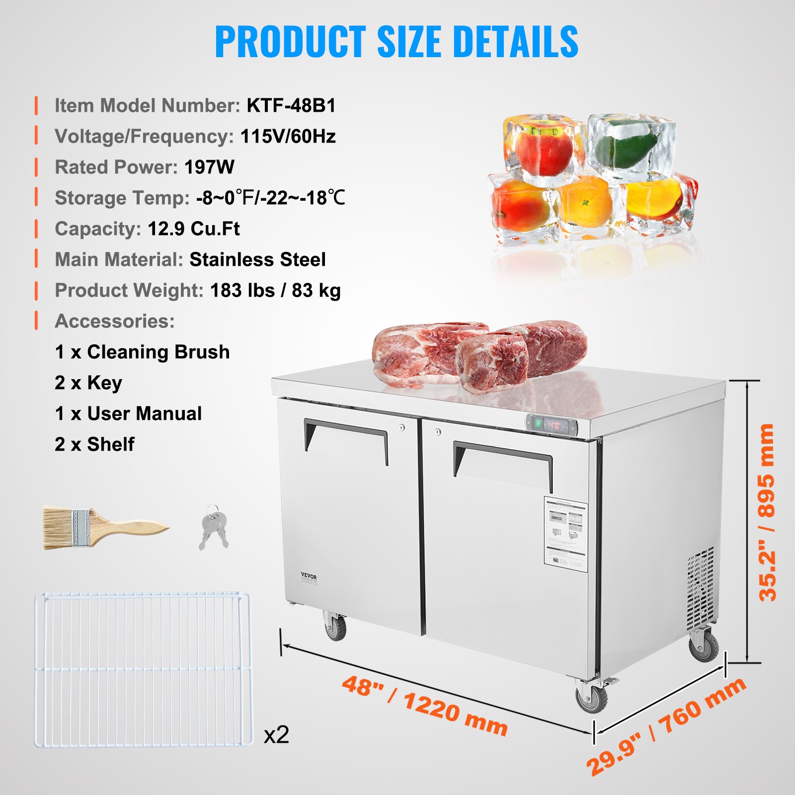 VEVOR 48" Commercial Frozen Refrigerator Sandwich & Salad Prep Table, 12.9 Cu. Ft Stainless Steel Refrigerated Food Prep Station with 2 Doors, Frost Free Refrigerator with Lock for Restaurant, Bar