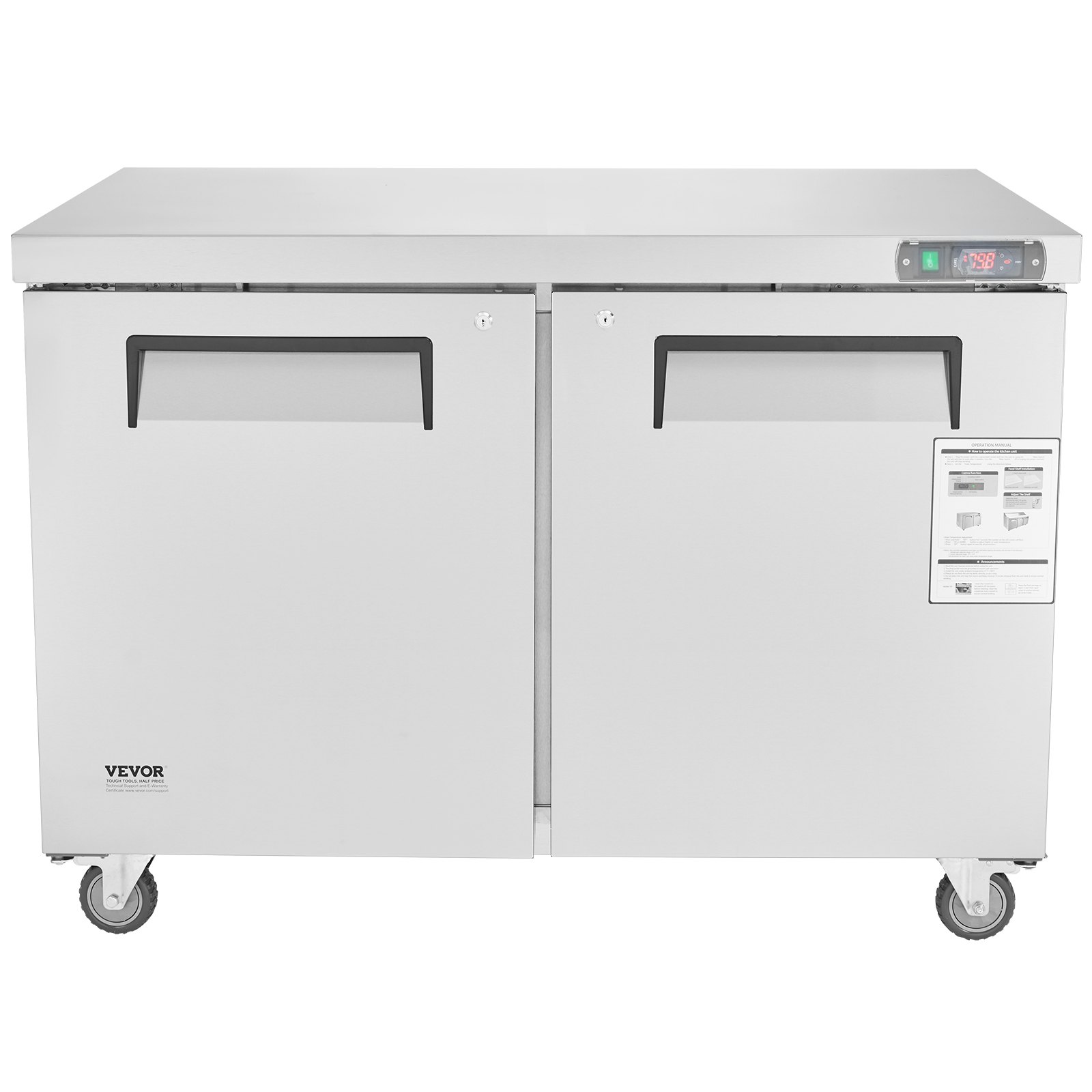 VEVOR 48" Commercial Frozen Refrigerator Sandwich & Salad Prep Table, 12.9 Cu. Ft Stainless Steel Refrigerated Food Prep Station with 2 Doors, Frost Free Refrigerator with Lock for Restaurant, Bar