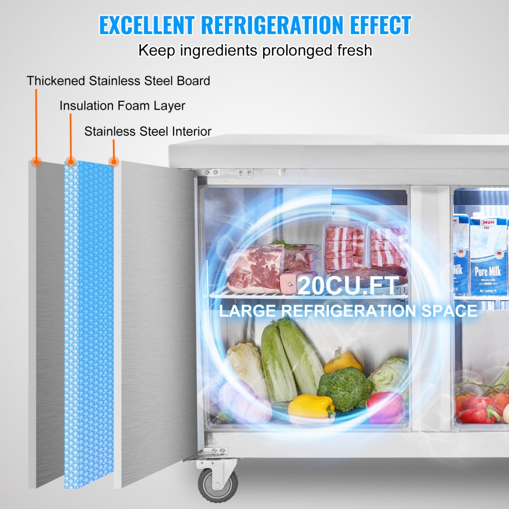 VEVOR 72" Commercial Refrigerator Sandwich & Salad Prep Table, 20 Cu. Ft Stainless Steel Refrigerated Food Prep Station with 3 Doors, Frost Free Refrigerator with Lock for Restaurant, Bar, Store