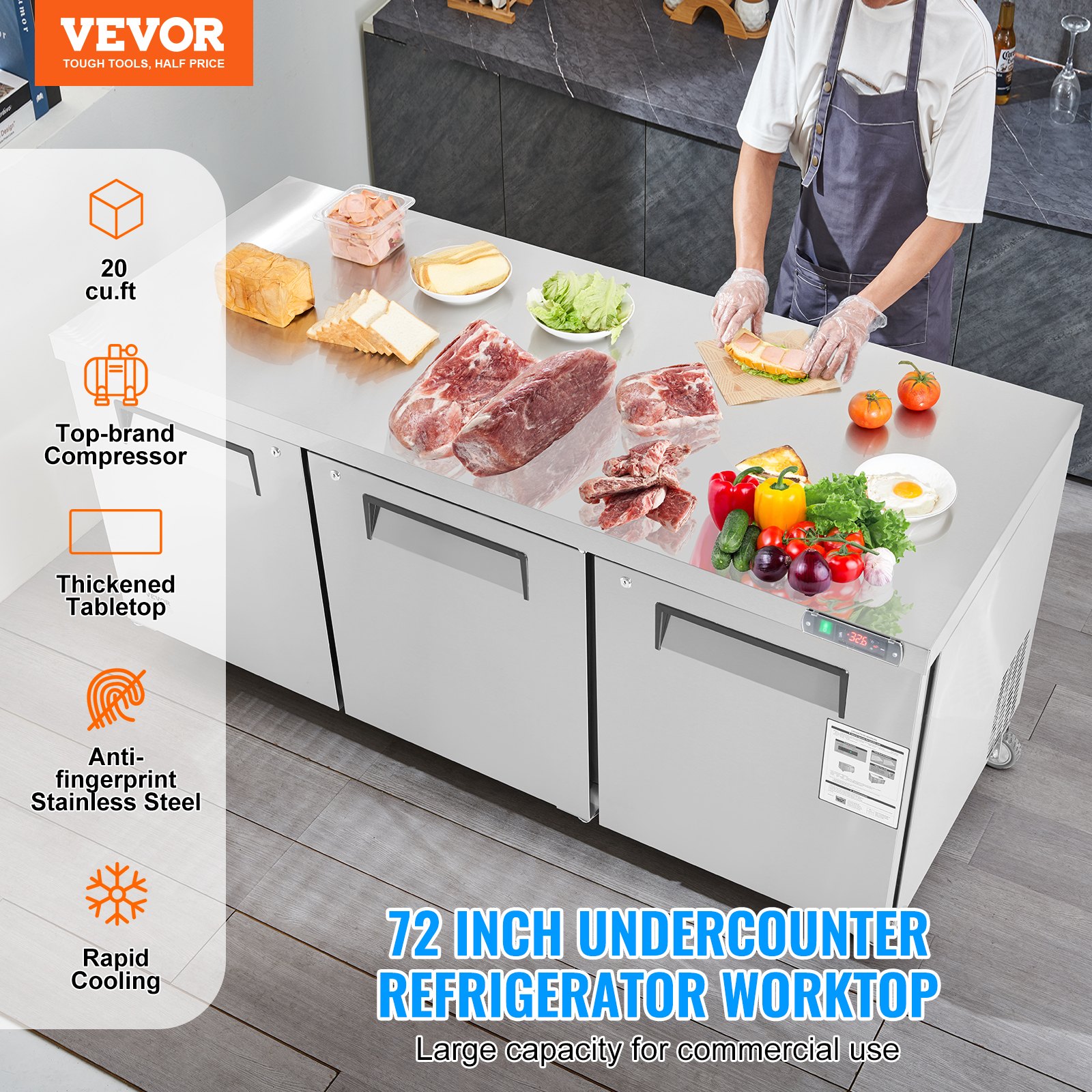 VEVOR 72" Commercial Refrigerator Sandwich & Salad Prep Table, 20 Cu. Ft Stainless Steel Refrigerated Food Prep Station with 3 Doors, Frost Free Refrigerator with Lock for Restaurant, Bar, Store