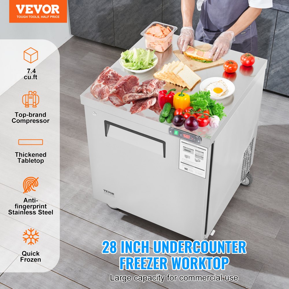 VEVOR 28" Commercial Frozen Refrigerator Sandwich & Salad Prep Table, 7.4 Cu. Ft Stainless Steel Refrigerated Food Prep Station with 1 Door, Frost Free Refrigerator with Lock for Restaurant, Bar